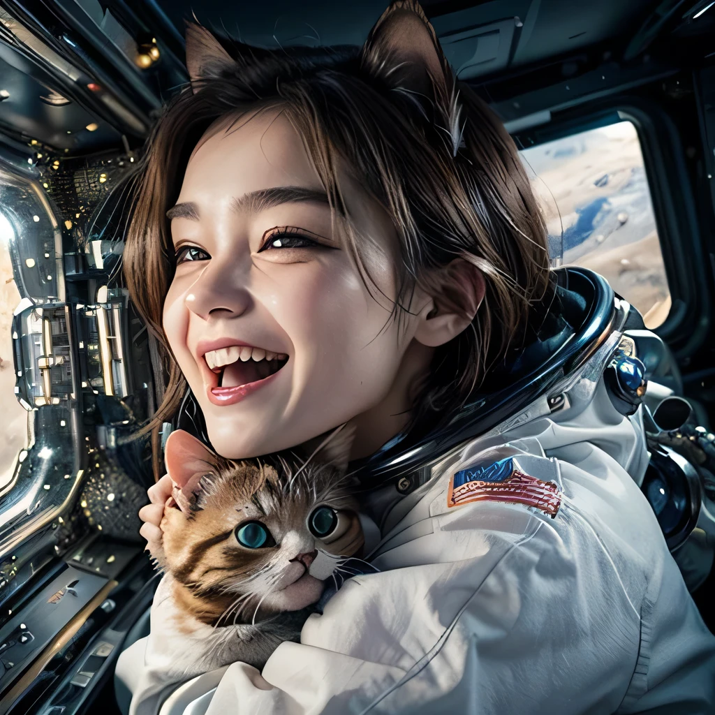 TOP quality,8K, masterpiece, ultra detailed, insanely detailed, sharp, sharpness, (1girl, cat, laugh:1.2), (space:1.3)