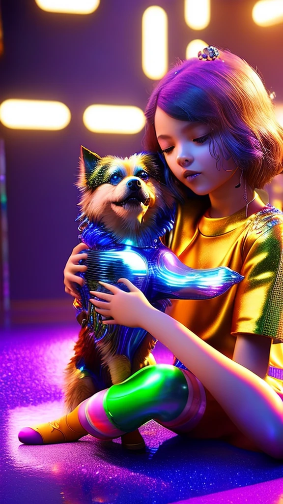 A girl playing with a dog made of liquid metal, detailed realistic 3D render, highly detailed, HDR, 8K, hyperrealistic, intricate details, metallic textures, warm lighting, vibrant colors, cinematic composition, dramatic pose, photorealistic, award-winning digital art