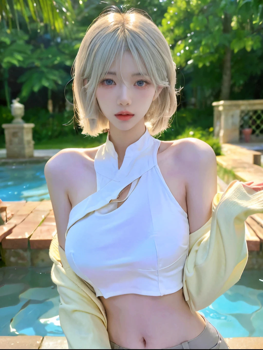 Beautiful woman with perfect body：1.4，layered hairstyle，prominent cleavage，bikini：1.5，ultra short pleated skirt，whole body，Highly detailed facial and skin textures，double eyelids，whiten skin，long white hair