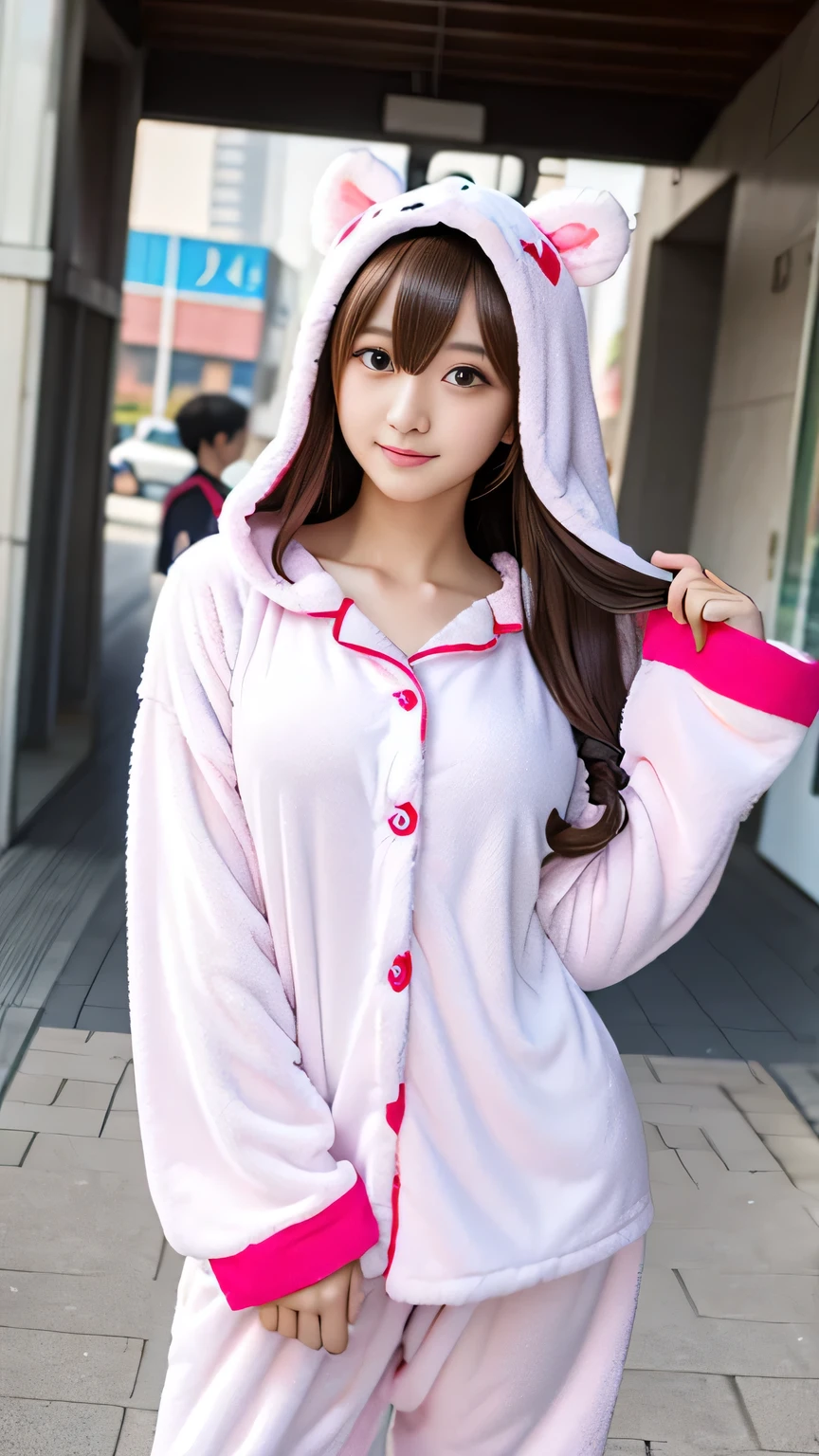 one girl、full body angle、16talent、focus on face、brown hair、short bob、no makeup、plump lips、Panda costume style pajamas、white pajamas、unreasonable、完璧にblurred background、Fancy room、sitting on a pink chair、highest quality、Highest image quality、ultra high resolution、Super detailed、8k、cinematic lighting、professional photographer、miniature、blurred background