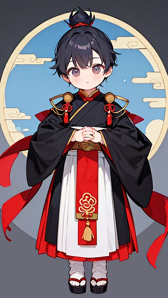 Three Kingdoms、Boy in ancient Chinese costume、Intelligent boy、Looking into the camera、There is a topknot on the head.、Hanfu、Black Hair、Standing and posing with arms crossed