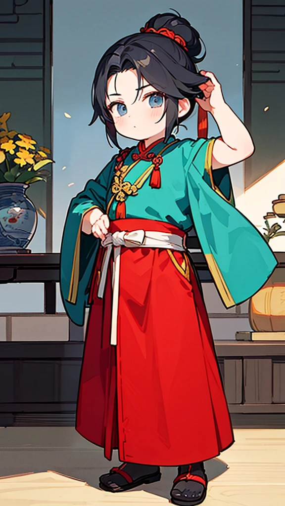 Three Kingdoms、Boy in ancient Chinese costume、Intelligent boy、Looking into the camera、There is a topknot on the head.、Hanfu、Black Hair、Standing and posing with arms crossed
