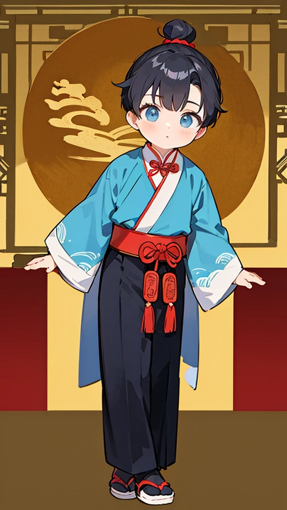 Three Kingdoms、Boy in ancient Chinese costume、Intelligent boy、Looking into the camera、There is a topknot on the head.、Hanfu、Black Hair、Standing and posing with arms crossed