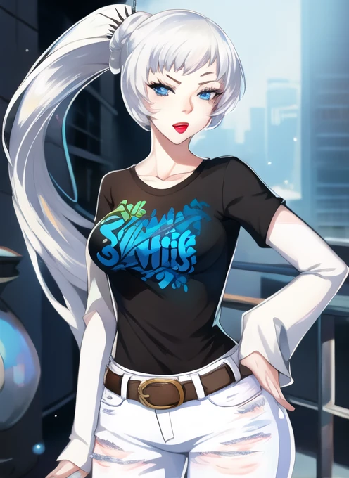 weiss_schnee, long hair, side ponytail, ponytail, blue eyes, 1girl, solo, black t-shirt, white shirt, blue jeans, belt, lipstick, large breasts, layered sleeves