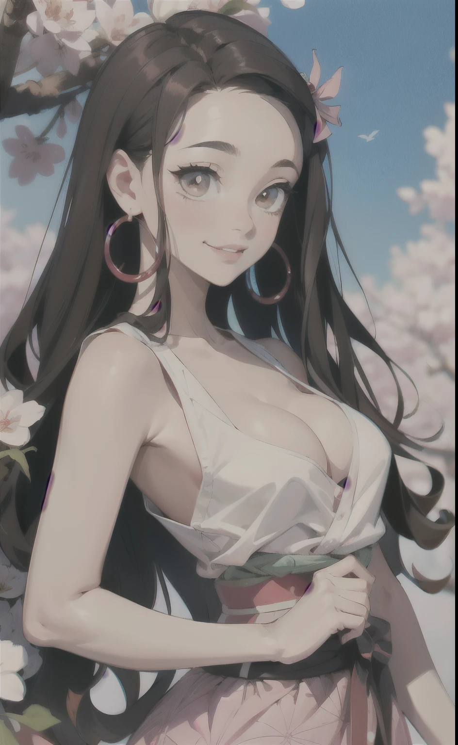 kamado nezuko, (masterpiece), best quality, expressive eyes, perfect face, Nezuko, Kimetsu, 1 Girl, ((Super Detail)), (Highest Quality: 1.0), (High Detail: 1.0), Bare Arms, Bare Shoulders, Brown Eyes, Cleavage, Collarbone, Earrings, Hoop Earrings , Horn, Demon, Nezuko, Long hair, Red Shimenawa, Sideboob, Sidelock, Sleeveless, Sleeveless Kimono, Kimetsu, Nezuko, (Highest quality: 1.0), (High detail: 1.0), Nezuko (Kimetsu), Sideboob , red and black mixed hair, hair ornaments, looking at the viewer, blushing, happy, beautiful smile, standing seductively, beautiful scenery, cherry tree, clear sky,