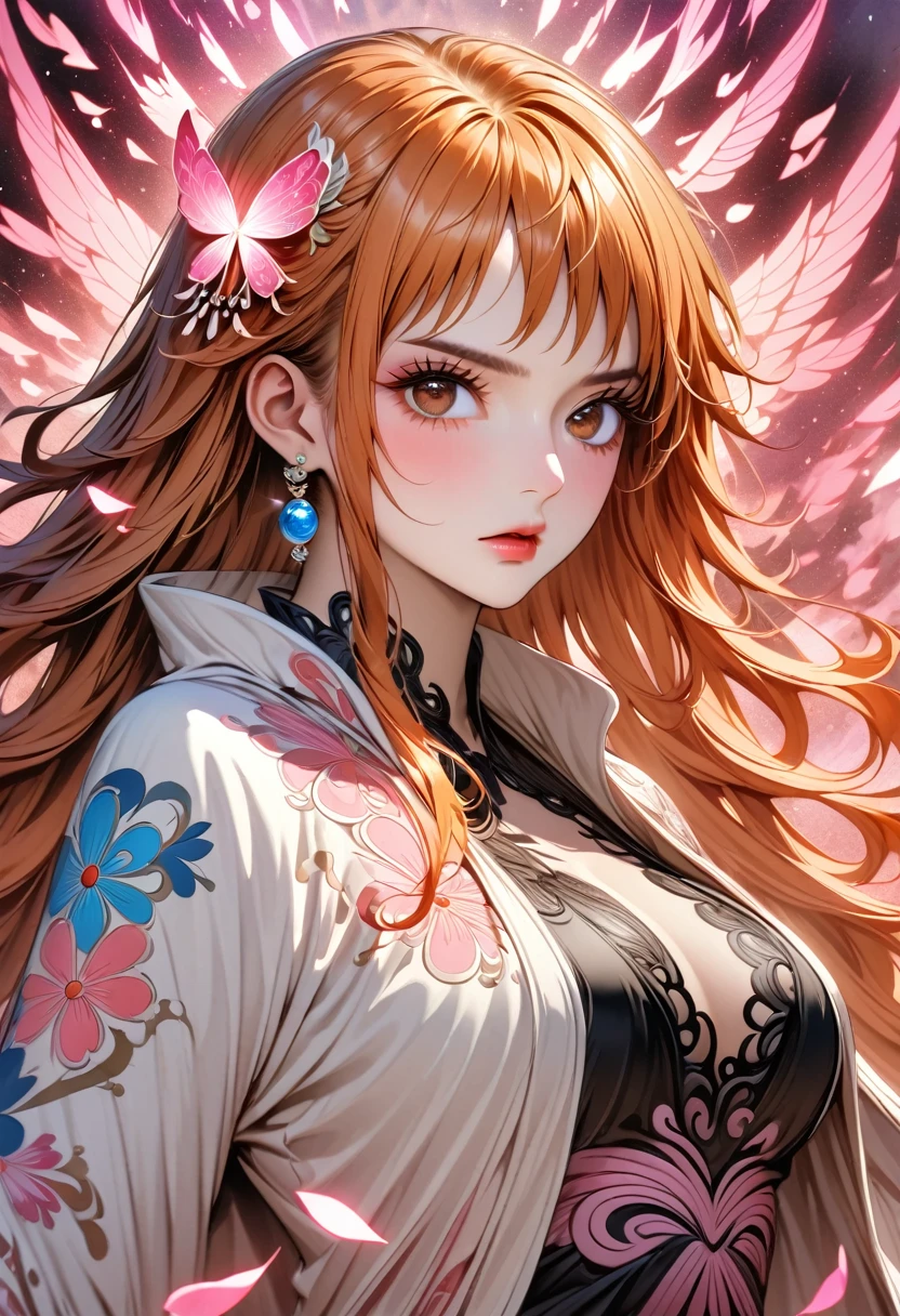 Ultra detailed, highres, absurdres, HDR, Nami, orange long hair, expressive brown eyes, pink petals, pink flowers, woman, One Piece, solo, extremely beautiful, very detailed face and eyes, white jacket with patterns, black long dress, pink background, fantasy, magical, glittering pink butterflies,