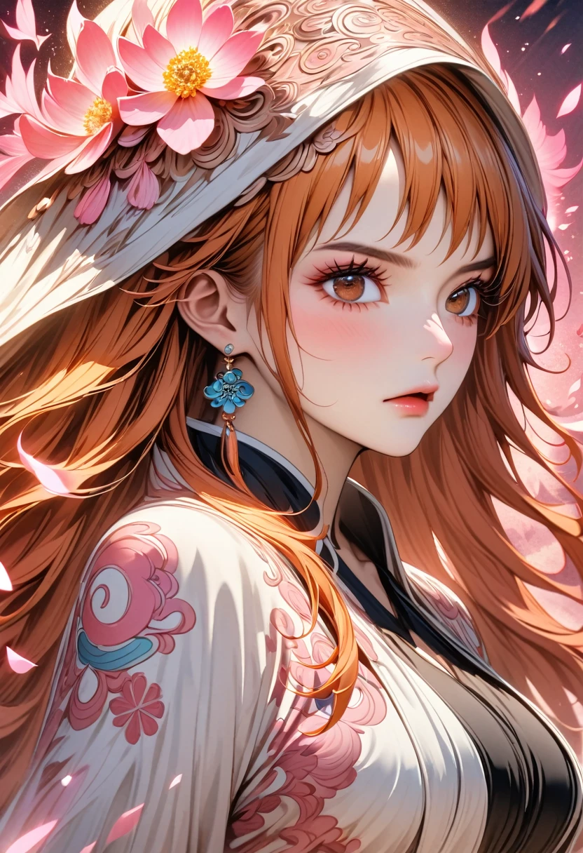 Ultra detailed, highres, absurdres, HDR, Nami, orange long hair, expressive brown eyes, pink petals, pink flowers, woman, One Piece, solo, extremely beautiful, very detailed face and eyes, white jacket with patterns, black long dress, pink background, fantasy, magical, glittering pink butterflies,