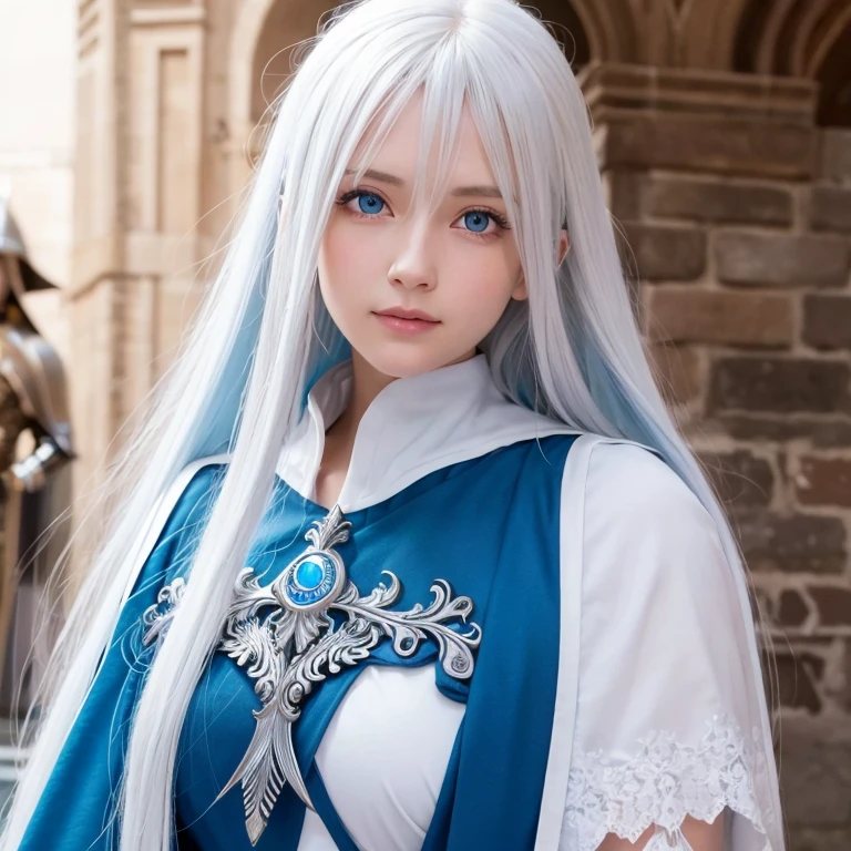 amazing quality, hyper detail, hyper realistic, 8k, rawphoto,
girl, very long hair, bangs hair style, white blue hair color, glowing dodger blue eyes color,
perfect anatomy,perfect body, perfect face detail, perfect nose,
ultra detailed eyes, ultra detail face, ultra detailed skin,
wearing fantastic full body knight armor with cape, necklace,
medieval stone street,
eye contact, smiling, stylish pose,front side