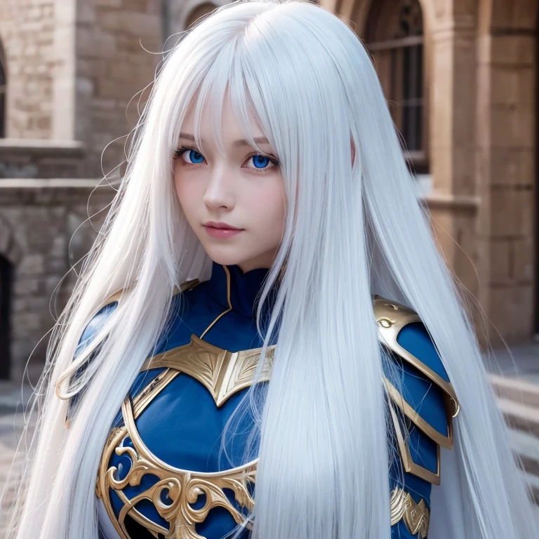amazing quality, hyper detail, hyper realistic, 8k, rawphoto,
girl, very long hair, bangs hair style, white blue hair color, glowing dodger blue eyes color,
perfect anatomy,perfect body, perfect face detail, perfect nose,
ultra detailed eyes, ultra detail face, ultra detailed skin,
wearing fantastic full body knight armor with cape, necklace,
medieval stone street,
eye contact, smiling, stylish pose,front side