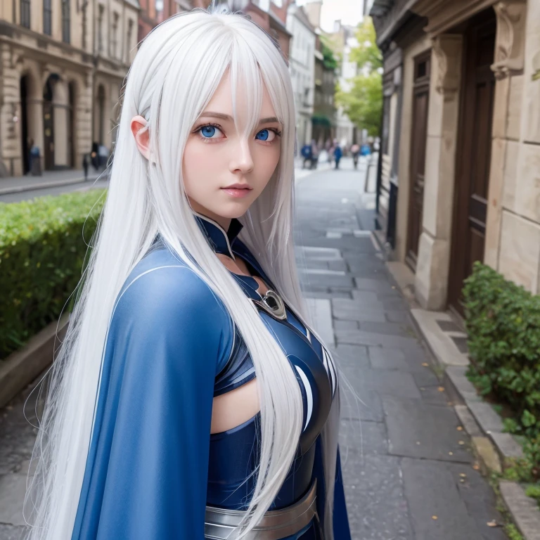 amazing quality, hyper detail, hyper realistic, 8k, rawphoto,
girl, very long hair, bangs hair style, white blue hair color, glowing dodger blue eyes color,
perfect anatomy,perfect body, perfect face detail, perfect nose,
ultra detailed eyes, ultra detail face, ultra detailed skin,
wearing fantastic full body knight armor with cape, necklace,
medieval stone street,
eye contact, smiling, stylish pose,front side