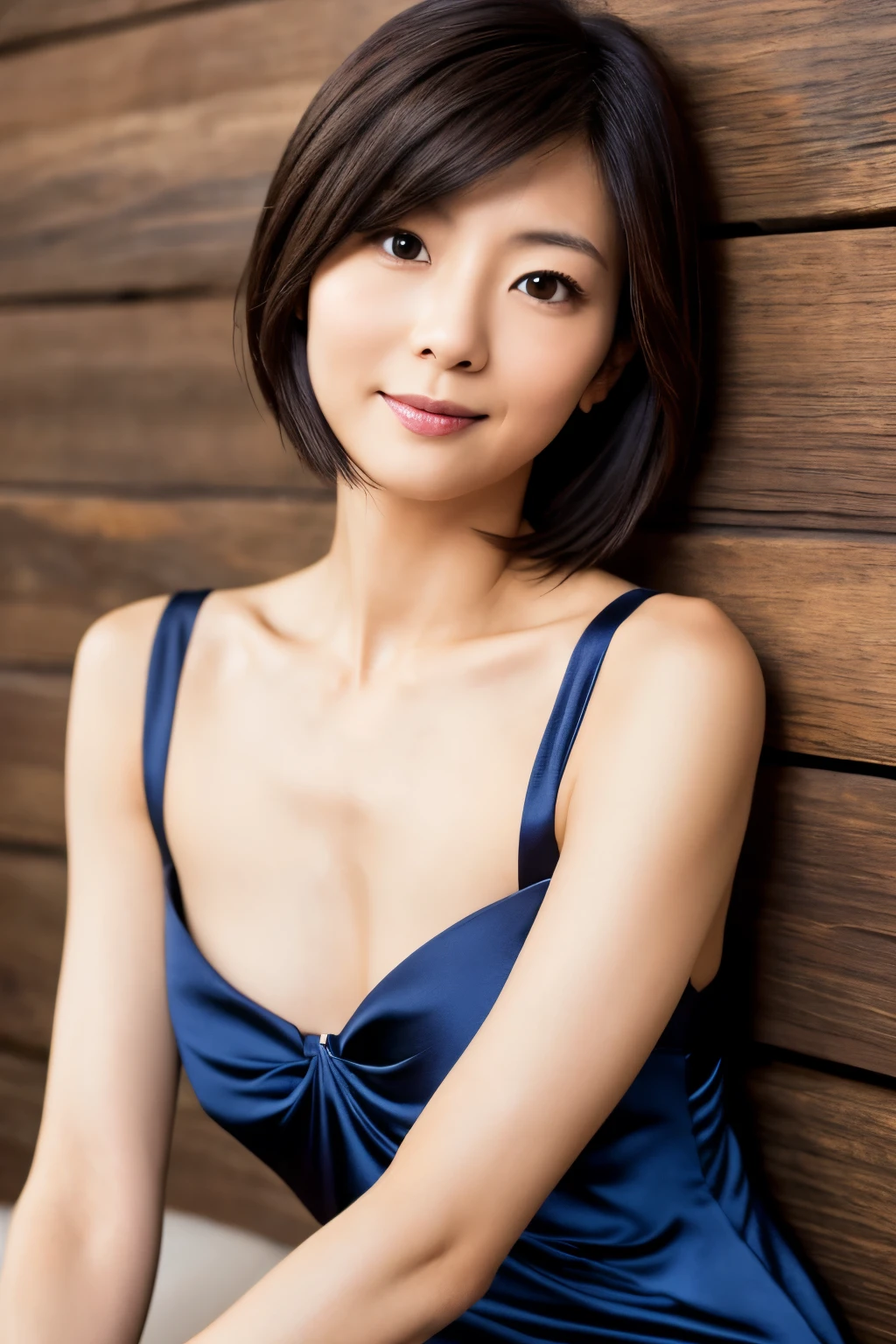 Masterpiece, High quality, High resolution, Skinny Japanese woman, charming wife, 35 years old, slender body, (very small breasts), very thin waist, round buttocks, slender legs, cute face, detailed face, neat and clean, detailed eyes, detailed lips, (very short hair style), wooden wall background, portrait, dark-blue satin dress, sitting on the table