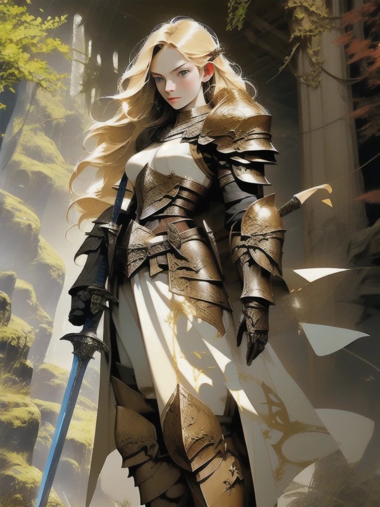 fantasy, epic, movie poster-style illustration, a girl standing in armor, with a dynamic and magical background, featuring prominent and well-designed typography elements,standing, confident, determined, wielding a sword, epic title, magical forest, glowing runes, bold text
