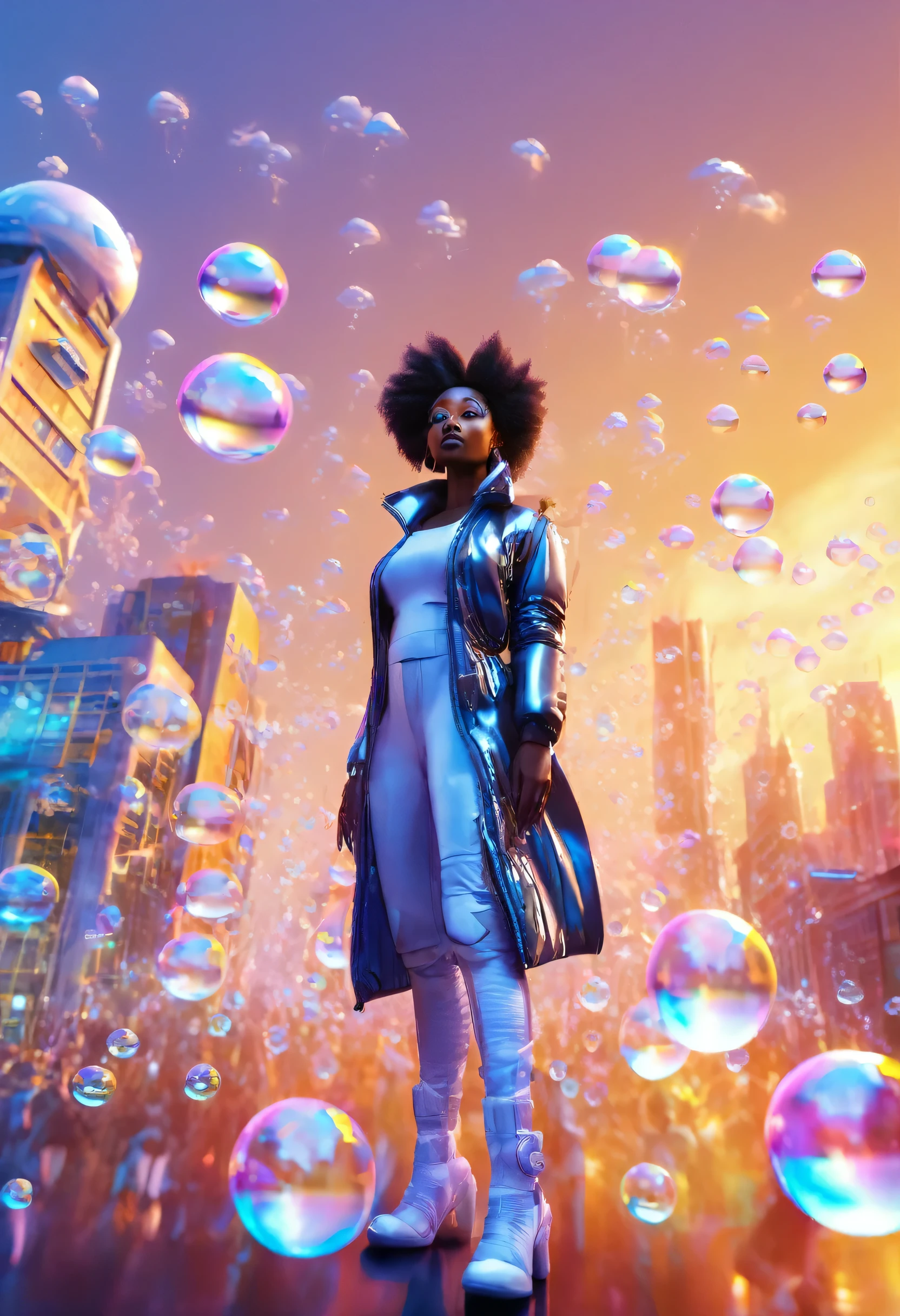 A black woman standing in a sci fi city full of floating happy babies in bubbles, flying cars moving in the sky, sunrise in the background providing a cinematic look, designed lights on the walls of buildings shining medium light providing a grey and blue colour grading