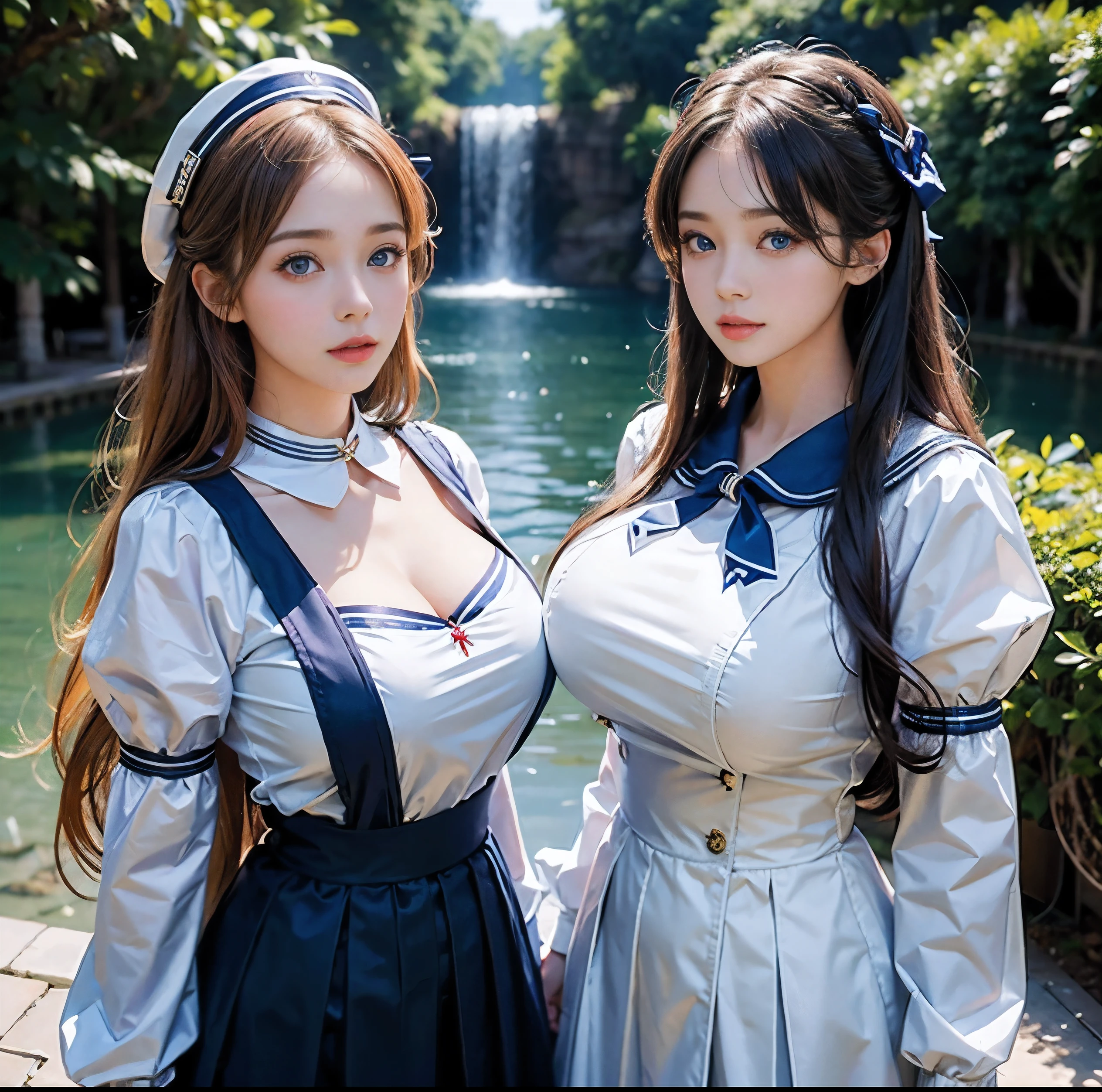 Highest quality, 8K quality, Masterpiece, Two busty women standing side by side, (Super big breasts compressed by clothes:1.2), Whitening skin, Sparkling Blue Eyes, Sailor collar girls' high , Pleated skirt, Above the knee, Skirtliftv1, (Protruding and accentuated booty), Super big breasts in a frontal view, (White panties), grabbing own ass
