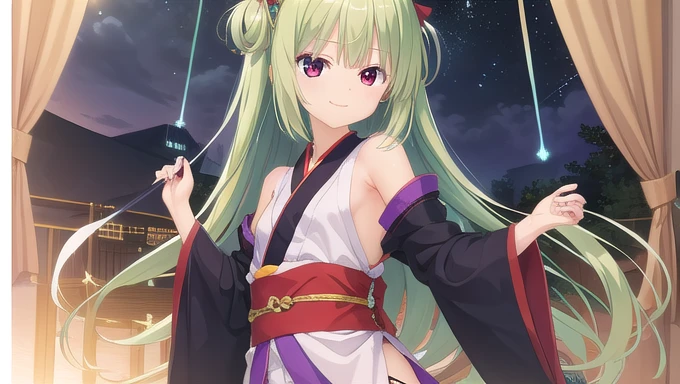 ((masterpiece)),(best quality),Official Art,Extremely detailed CG,Unity 8k Wallpaper,Super detailed,Beautiful and delicate eyes,Extremely detailed face,1 girl,solitary,,(whole body:1.5),(small:1.3),Smile,,Murasame,Very long hair,Green Hair,Face Up,Purple bow,hairpin,Side chains,Bangs,Red Eyes,Neck strap,Red belt,Elegant and beautiful，Long sleeves hanfu，The curtains are shining，Venus-like eyes，Colorful fireflies。I really want to step into the sky。Moon Dance、Galaxy Send Wave。Aesthetic

