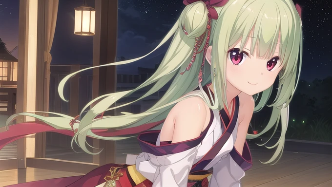 ((masterpiece)),(best quality),Official Art,Extremely detailed CG,Unity 8k Wallpaper,Super detailed,Beautiful and delicate eyes,Extremely detailed face,1 girl,solitary,,(whole body:1.5),(small:1.3),Smile,,Murasame,Very long hair,Green Hair,Face Up,Purple bow,hairpin,Side chains,Bangs,Red Eyes,Neck strap,Red belt,Elegant and beautiful，Long sleeves hanfu，The curtains are shining，Venus-like eyes，Colorful fireflies。I really want to step into the sky。Moon Dance、Galaxy Send Wave。Aesthetic

