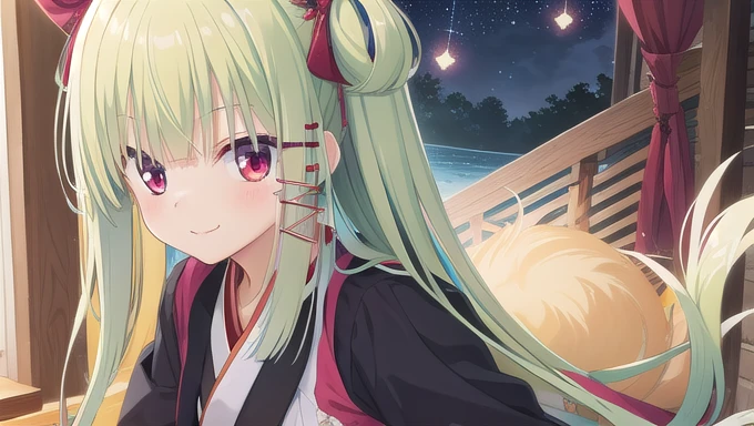 ((masterpiece)),(best quality),Official Art,Extremely detailed CG,Unity 8k Wallpaper,Super detailed,Beautiful and delicate eyes,Extremely detailed face,1 girl,solitary,,(whole body:1.5),(small:1.3),Smile,,Murasame,Very long hair,Green Hair,Face Up,Purple bow,hairpin,Side chains,Bangs,Red Eyes,Neck strap,Red belt,Elegant and beautiful,Long sleeves hanfu,The curtains are shining,Venus-like eyes,Colorful fireflies。I really want to step into the sky。Moon Dance、Galaxy Send Wave。Aesthetic
