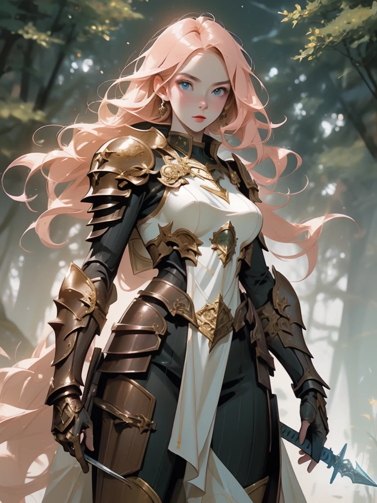 fantasy, epic, movie poster-style illustration, a girl standing in armor, with a dynamic and magical background, featuring prominent and well-designed typography elements,standing, confident, determined, wielding a sword, epic title, magical forest, glowing runes, bold text
