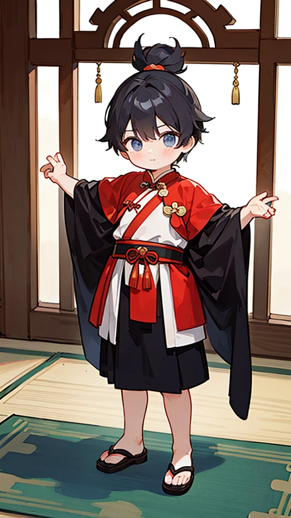 Three Kingdoms、Boy in ancient Chinese costume、Intelligent boy、Looking into the camera、There is a topknot on the head.、Hanfu、Black Hair、Standing and posing with arms crossed