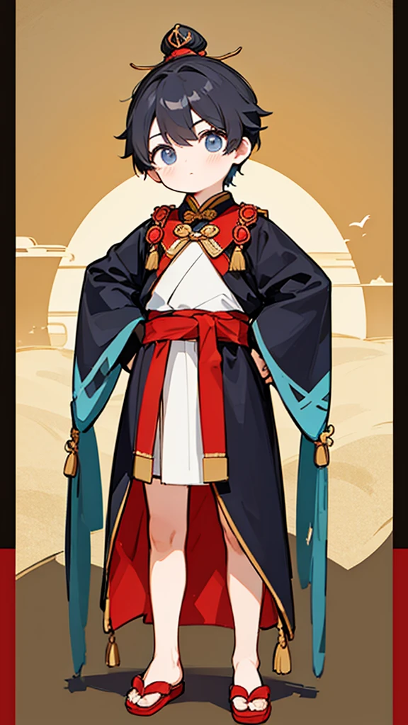 Three Kingdoms、Boy in ancient Chinese costume、Intelligent boy、Looking into the camera、There is a topknot on the head.、Hanfu、Black Hair、Standing and posing with arms crossed