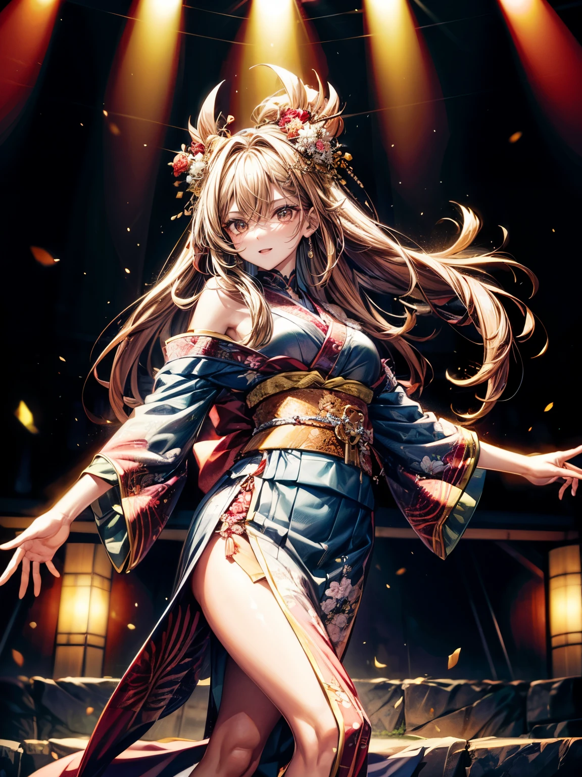 masterpiece,highest quality,Ultra high definition,Amenouzume, Japanese mythology, goddess of performing arts, enthusiastic dancing,Long brown hair ,light brown eyes ,Red gorgeous kimono, stage decorations, happy expression