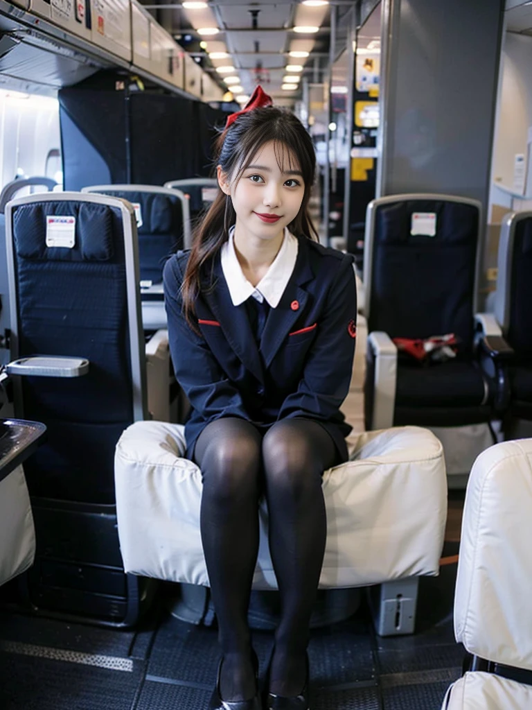 masterpiece, best quality, 1 girl, solo, 20 years old, small breasts, Perfect Face, beautiful, extremely long hair, jal uniform, airplane interior, black pantyhose, looking through legs, full body,japanese,