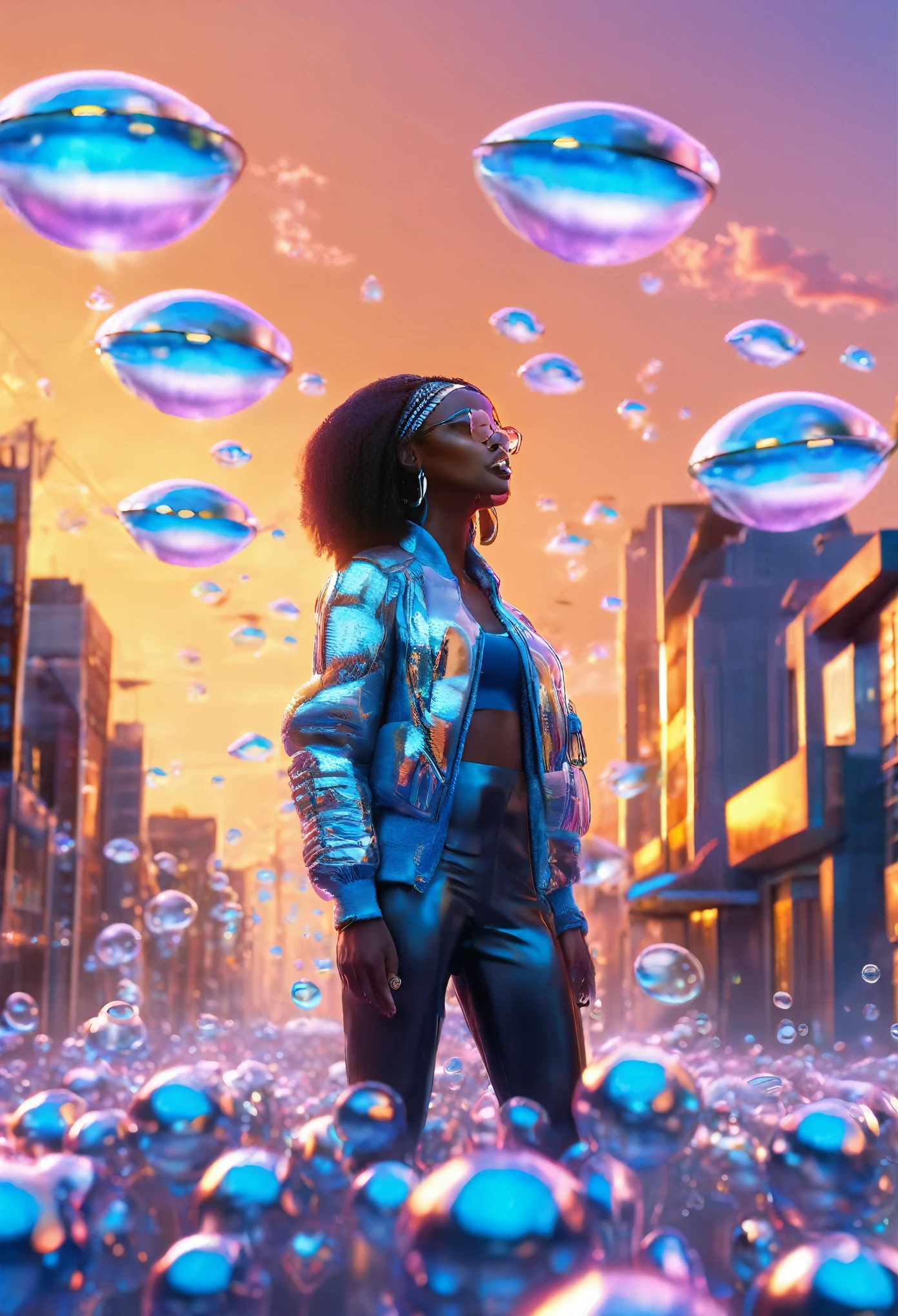 A  black woman standing in a sci fi city full of floating happy babies in bubbles, flying cars moving in the sky, sunrise in the background providing a cinematic look, designed lights on the walls of buildings shining medium light providing a grey and blue colour grading