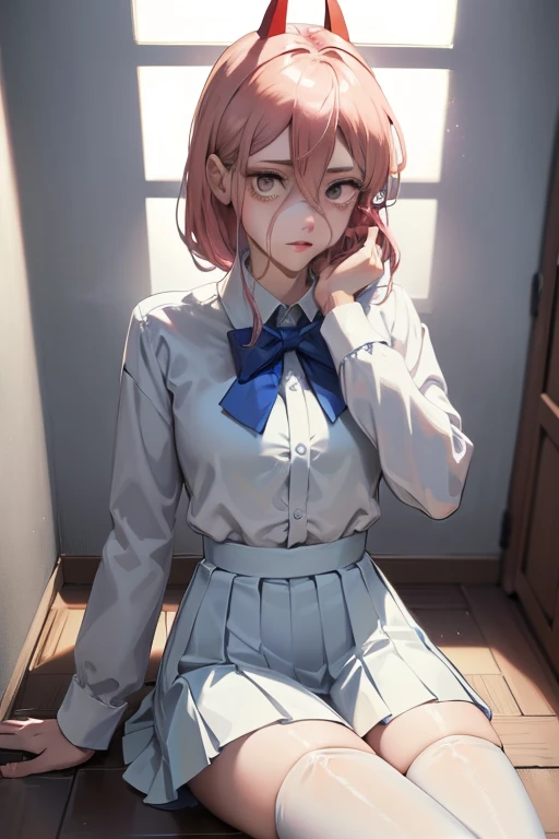 tmasterpiece、Need、1female、Medium chest、 power from chainsaw man、realisticlying、White stockings、slenderlegs、pink hair、No hair accessories、sitting, Crystal white skin、blue pleated shirt+Short white skirt、One hand lifts the dress he is wearing,Expose more thighs、Unbutton a few of the blue pleated shirts with one hand,Expose some、The face is facing forward,But the gaze of the eyes is dodging,There was a flush on his face、Modern room。