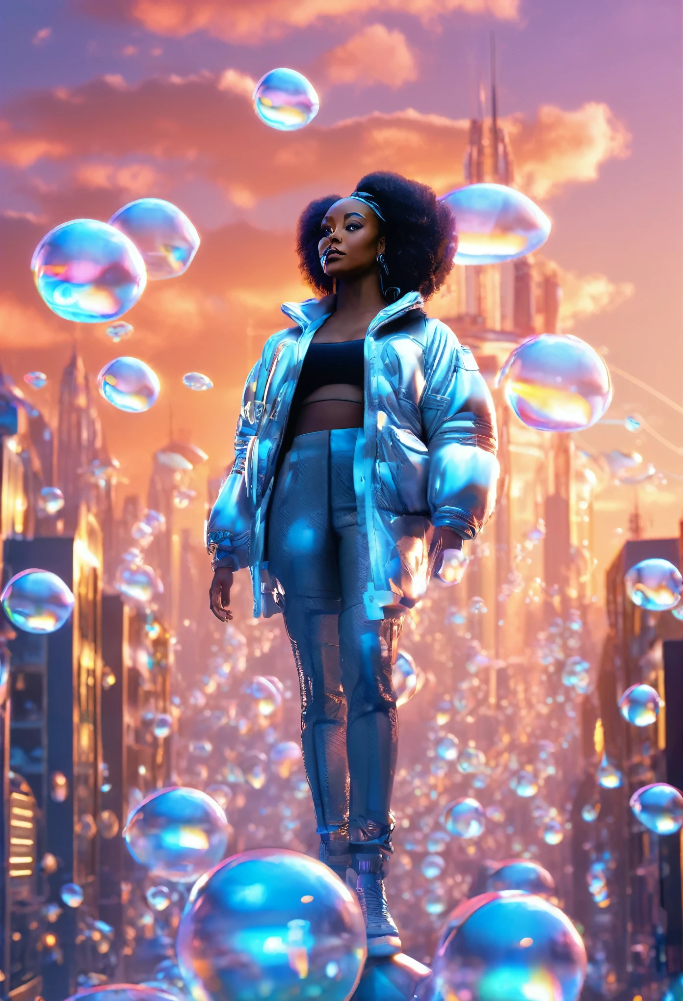 A black woman standing in a sci fi city full of floating happy babies in bubbles, flying cars moving in the sky, sunrise in the background providing a cinematic look, designed lights on the walls of buildings shining medium light providing a grey and blue colour grading