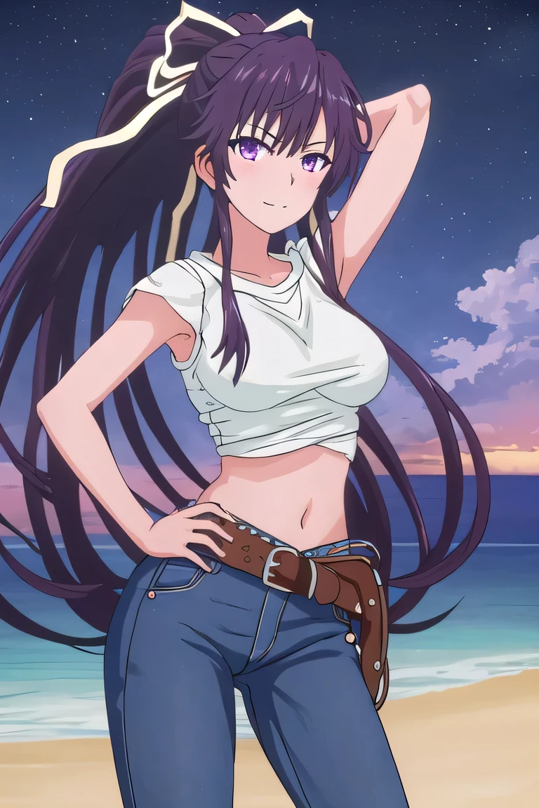 best quality, masterpiece, highres, solo, {kanzaki_kaori_toarumajutsunoindex:1.15}, long_hair, ponytail, ribbon, hair_ribbon,  single pantsleg, white shirt, jeans, white ribbon, brown belt, asymmetrical legwear, black_hair, purple_eyes, very_long_hair, 1girl, purple_hair, solo, night sky, beach, arm behind head, hand on hip, contrapposto, spread armpits, closed mouth, smile, (cowboy shot:1.5), looking at viewer,