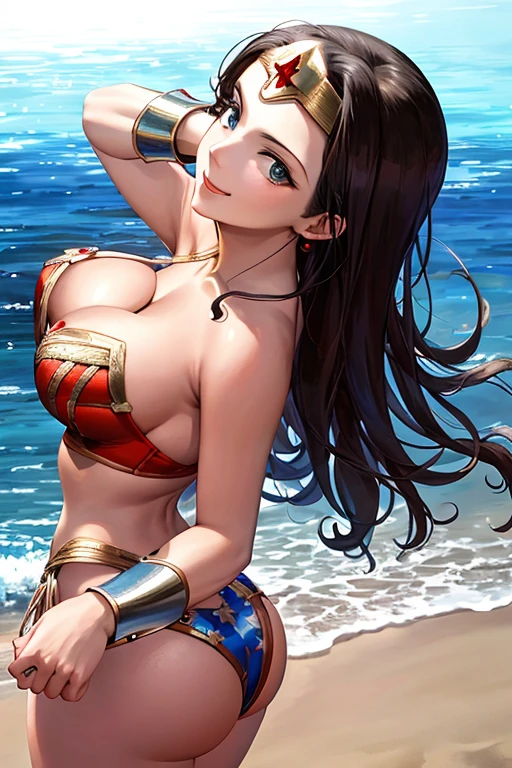 masterpiece, best quality, beautiful art, high resolution, well formed hands, body and fingers, 1 woman, solo, wonder woman, tiara , long hair,, adult, big breasted, cleavage, full body, sexy and skimpy outfit , gorgeous legs and thighs , dancing seductively and erotically, turning backwards and forwards, showing her back and front, showing her butt, bikini thong, smiling joyfully, looking at the viewer, flirting, beach environment