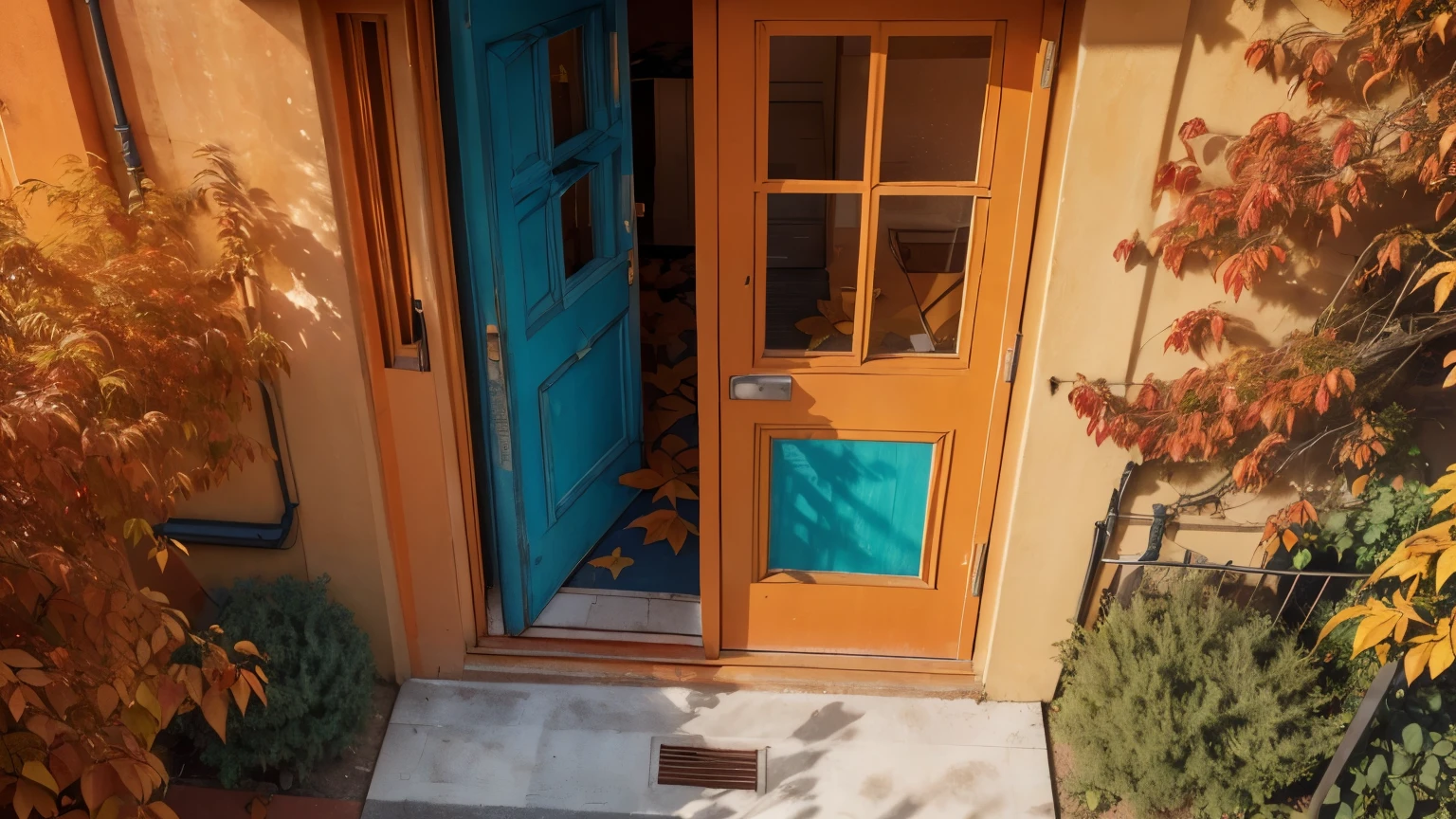 (no humans:1.2), (No humans:1.1), background, wallpaper, landscape, ((from above:1.2)), looking down pov, orange trees, orange trees, orange leaves, (red apartment, blue door, door focus, open door:1.3), red place, (highres, high quality, masterpiece:1.1)