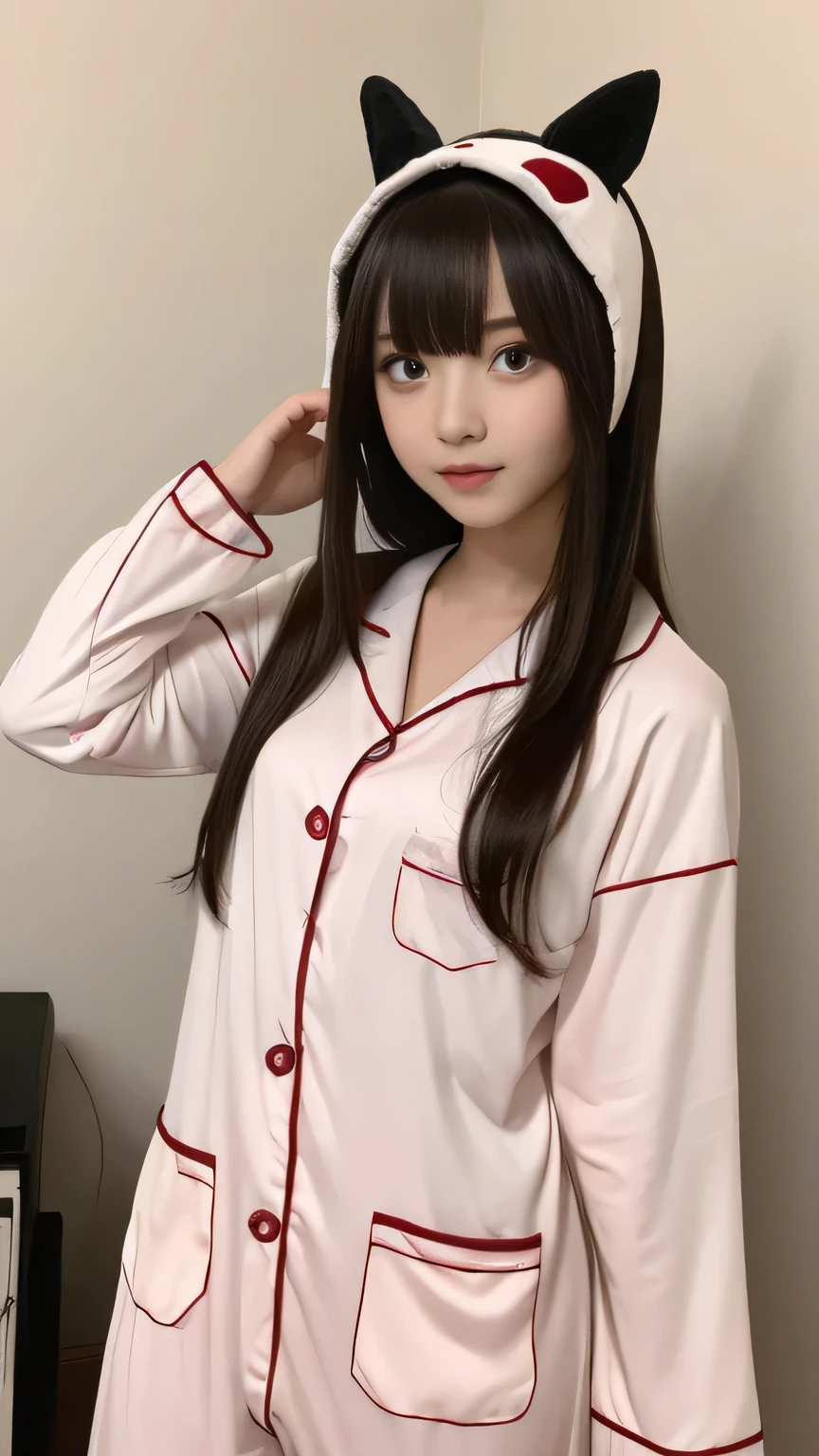 Kigurumi Costume Pajamas、Sexy Big 、A cute 15-year-old girl with a sexy and cute look, beautiful and sexy face、A strong wind blows my hair in front of my face、With straight blonde hair、beautiful, Cute and sexy eyes hidden behind long bangs、Costume pajamas