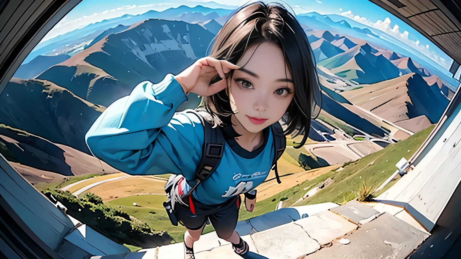 (masterpiece, top quality, 8k wallpaper, high resolution, ultra-realistic), one girl, alone, full body composition from a far, slender figure: 1.1, Japanese, very delicate and beautiful woman , cute face, beautiful face, beautiful eyes, detailed face, detailed face, detailed eyes, detailed nose, mouth details, short hair, dark eyes, carrying a large backpack, backpacker, Climber, view from the top of the mountain, detailed feet, detailed fingers, mountain jacket, T-shirt, trekking, smile, selfie, fisheye lens