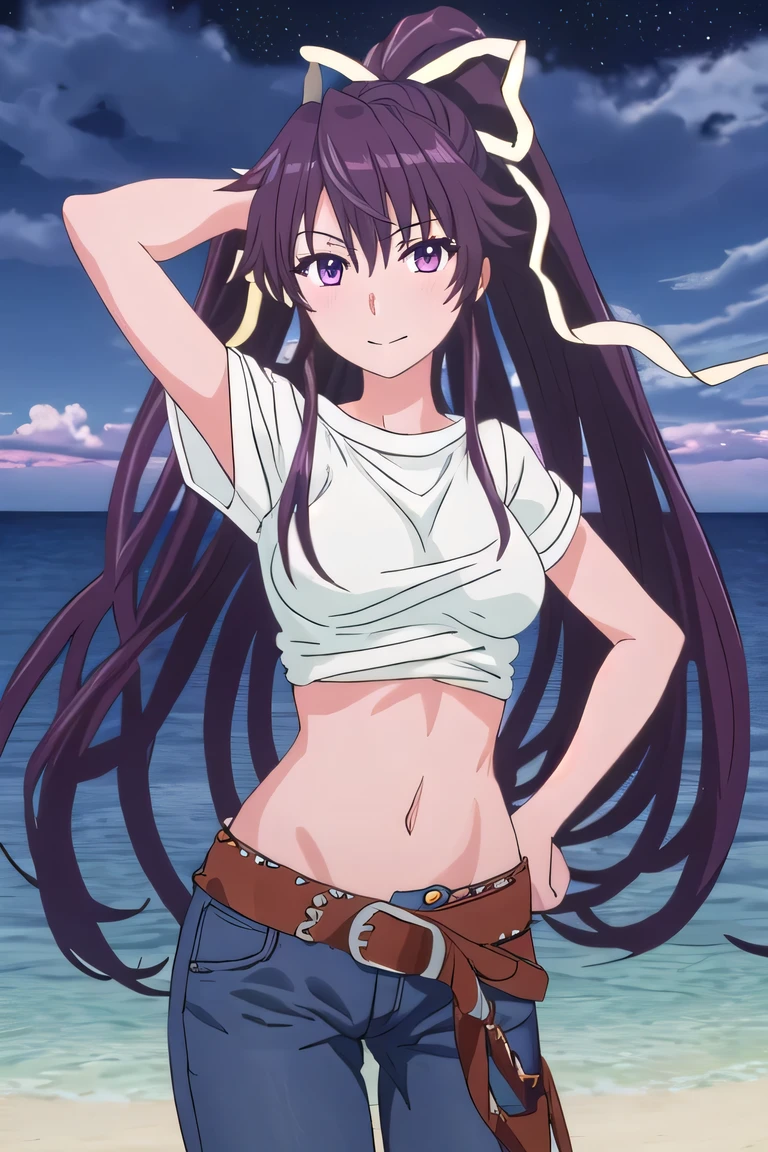 best quality, masterpiece, highres, solo, {kanzaki_kaori_toarumajutsunoindex:1.15}, long_hair, ponytail, ribbon, hair_ribbon,  single pantsleg, white shirt, jeans, white ribbon, brown belt, asymmetrical legwear, black_hair, purple_eyes, very_long_hair, 1girl, purple_hair, solo, night sky, beach, arm behind head, hand on hip, contrapposto, spread armpits, closed mouth, smile, (cowboy shot:1.5), looking at viewer,