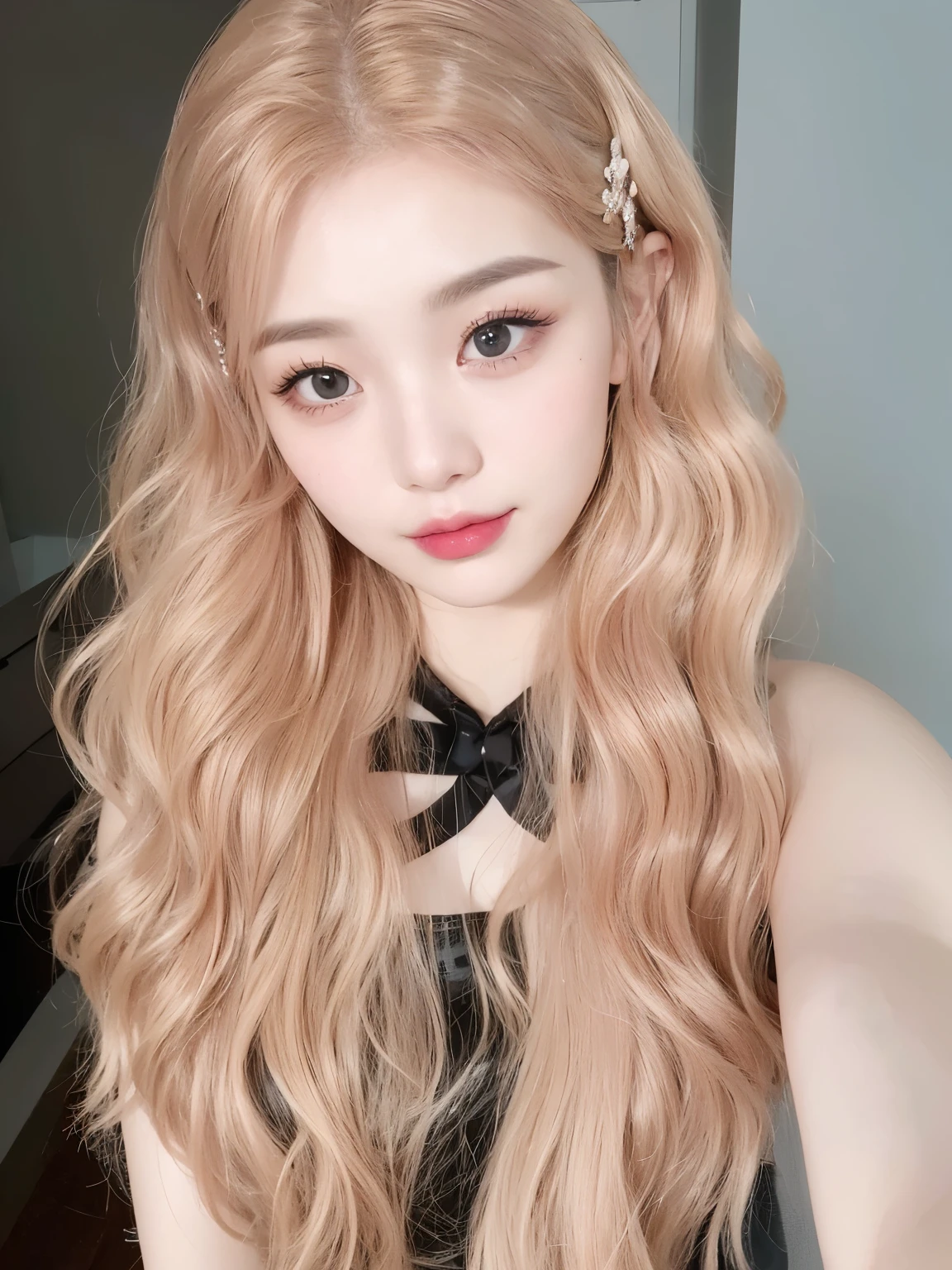 masterpiece, best quality, Girl wearing black suspender top,Pink blonde hair,Flowing long hair,Long curly hair,Water wave curly hairstyle,pretty girl,a girl,Exquisite facial features,