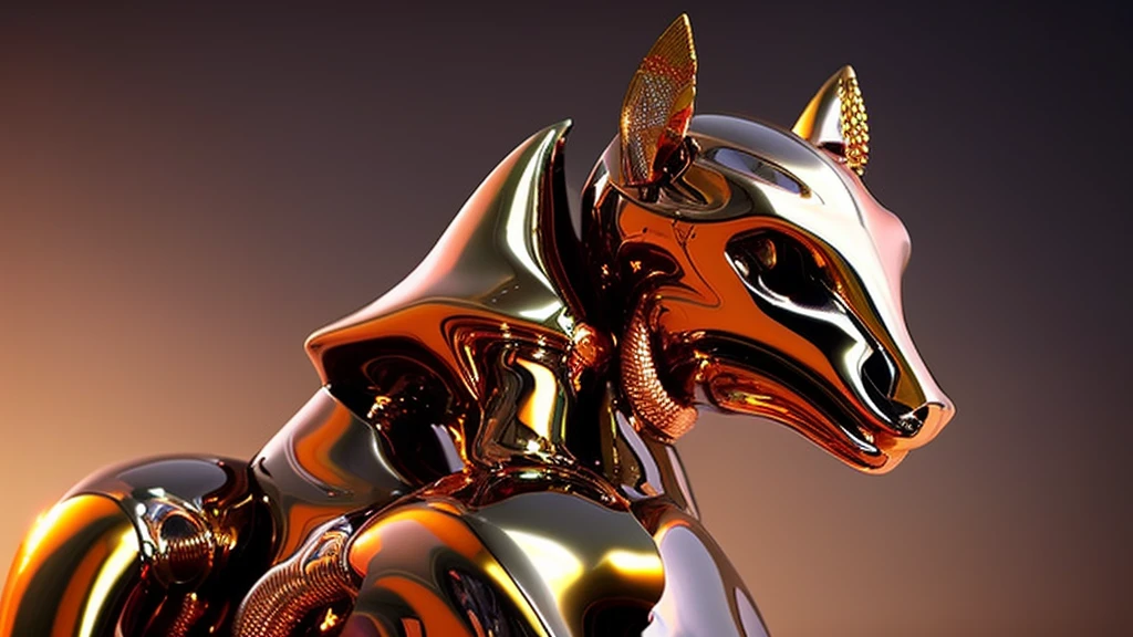 a liquid metal animal, partially melted,(best quality,4k,8k,highres,masterpiece:1.2),ultra-detailed,(realistic,photorealistic,photo-realistic:1.37),highly detailed metallic creature,molten metal body,slowly dripping,glossy metal textures,chrome finish,shiny reflective surfaces,dynamic flowing forms,surreal organic shapes,abstract biomechanical design,dark moody lighting,cinematic atmosphere,dramatic lighting,muted color palette,warm metallic tones
