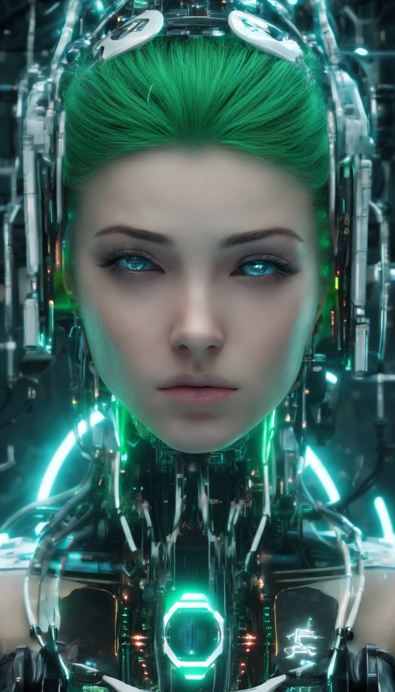 best quality, highres), green-haired girl with long hair, close-up of her face, wearing a white skirt, details of her eyes and face, bright colors, soft lighting, digital illustration, ethereal atmosphere