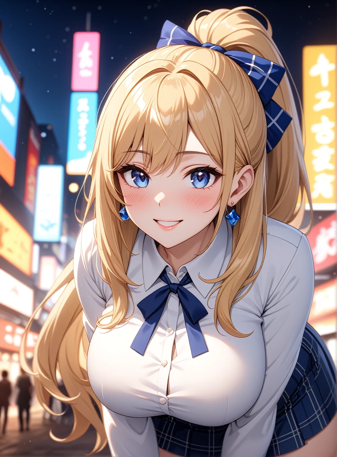 ((One girl)), Beautiful smile,Blushing,Close your mouth,Glossy Lips,Abstract, Night festival food stalls, ((Anime style background)),masterpiece, highest quality, so beautiful, Absurd, up to date, Complex details, Pink long nails,AI-generated, Complex,High resolution, highest quality, super high quality,3D Images、View the viewers、3D Images,one person,Long Blonde Hair,High Ponytail,blue eyes,Anime girl posing for photo, [[Fine grain、Colorful eyes、Shining Eyes:1.15]],(Squint your eyes:1.1),a hyperRealistic , hyperRealistic , Realistic , blonde anime girl with long hair, Smooth anime CG art, Beautiful anime school girl,White long sleeve blouse,Blue checked skirt,Big blue chest ribbon, Earrings,(Large Breasts:1.3),Mature Body,tall,Big Ass,Fine details,Abdominal muscles,(Leaning forward),Stick your butt out,Tilt your face,Put your hands on your face