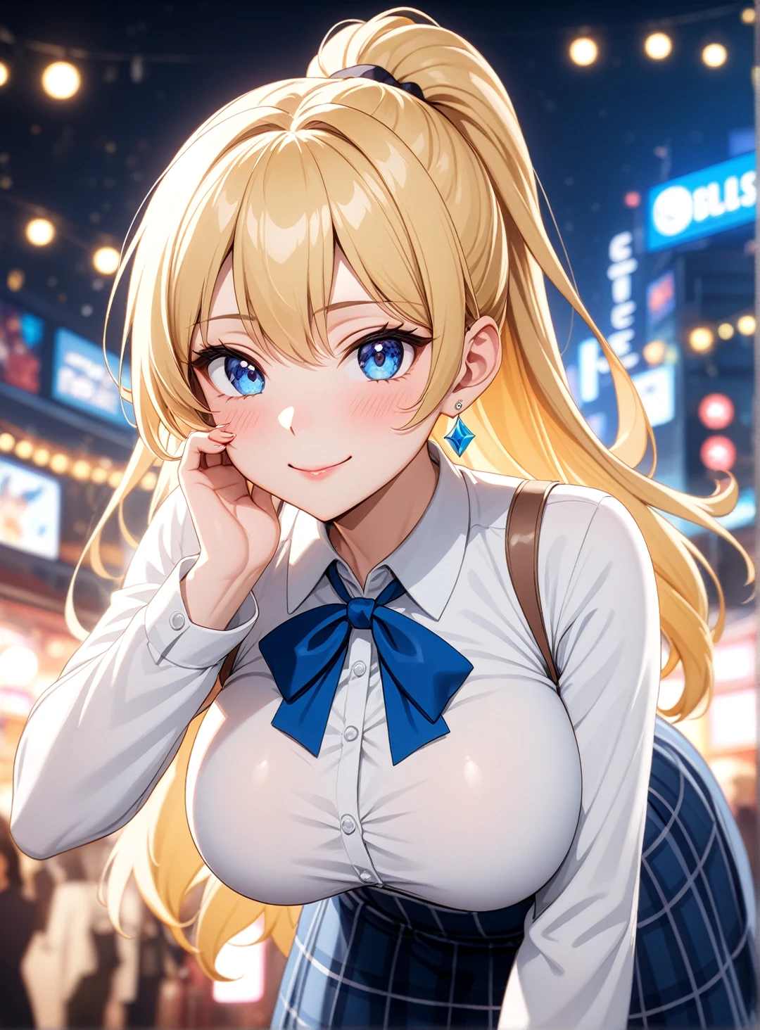 ((One girl)), Beautiful smile,Blushing,Close your mouth,Glossy Lips,Abstract, Night Festival, ((Anime style background)),masterpiece, highest quality, so beautiful, Absurd, up to date, Complex details, Pink long nails,AI-generated, Complex,High resolution, highest quality, super high quality,3D Images、View the viewers、3D Images,one person,Long Blonde Hair,High Ponytail,blue eyes,Anime girl posing for photo, [[Fine grain、Colorful eyes、Shining Eyes:1.15]],(Squint your eyes:1.1),a hyperRealistic , hyperRealistic , Realistic , blonde anime girl with long hair, Smooth anime CG art, Beautiful anime school girl,White long sleeve blouse,Blue checked skirt,Big blue chest ribbon, Earrings,(Large Breasts:1.3),Mature Body,tall,Big Ass,Fine details,Abdominal muscles,(Leaning forward),Stick your butt out,Tilt your face,Put your hands on your face