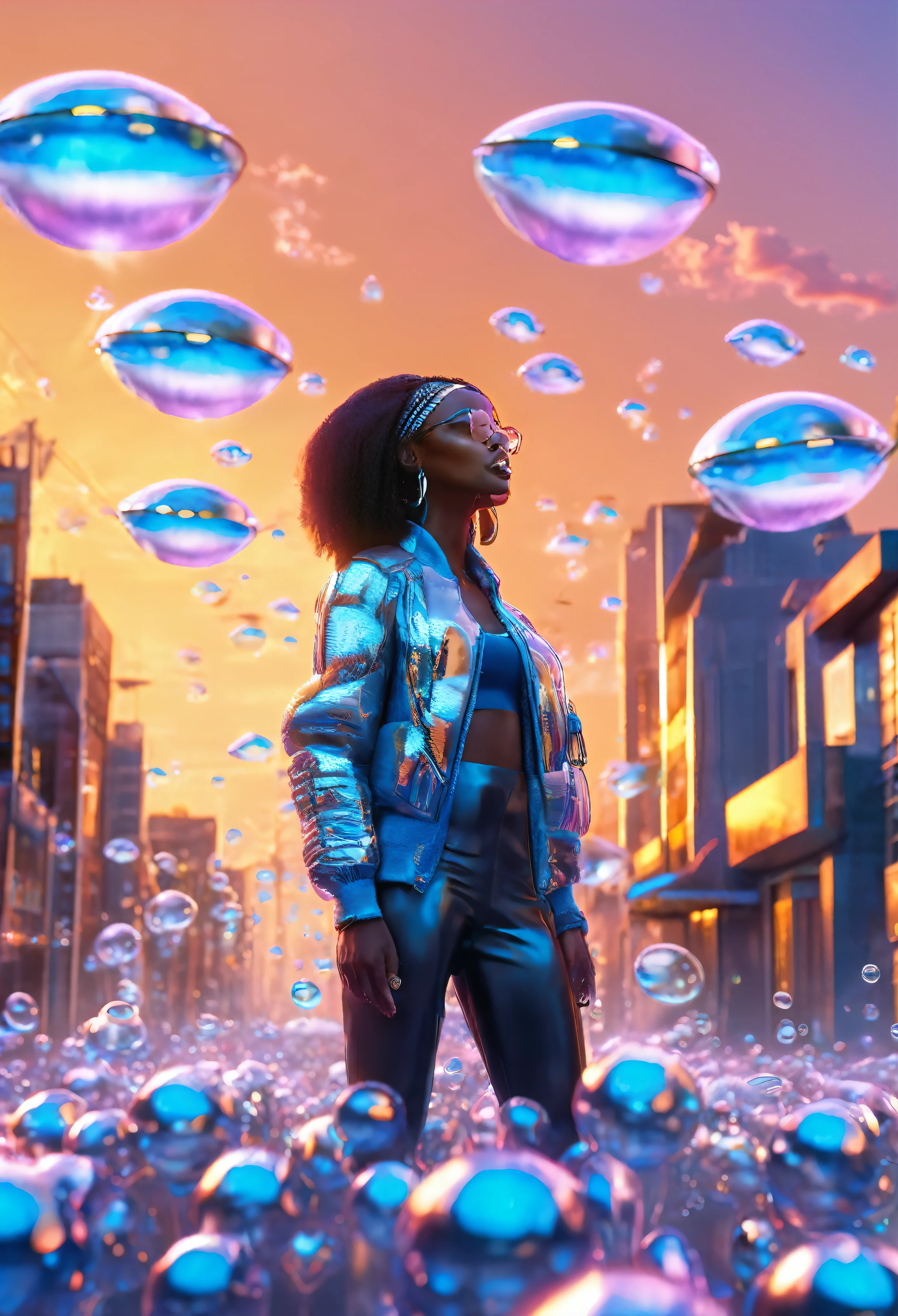 A  black woman standing in a sci fi city full of floating happy babies in bubbles, flying cars moving in the sky, sunrise in the background providing a cinematic look, designed lights on the walls of buildings shining medium light providing a grey and blue colour grading