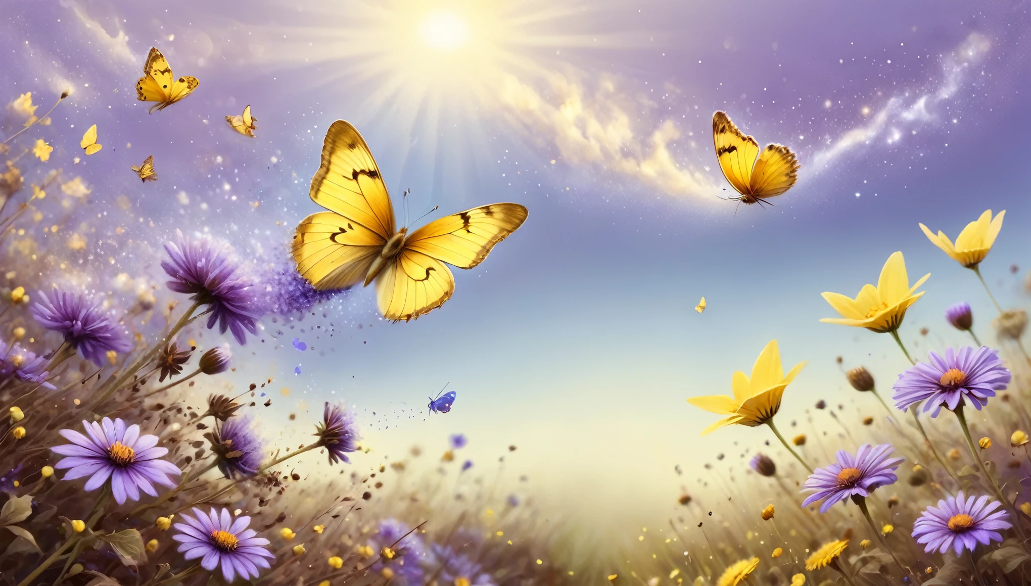 a yellow butterfly sitting on top of a purple flower, butterflies floating in the sky, sunbeams, on a canva, by Gregory Gillespie, background full of brown flowers, of letting go, gardening, cheerful colours, swirling gardens, gentle mists