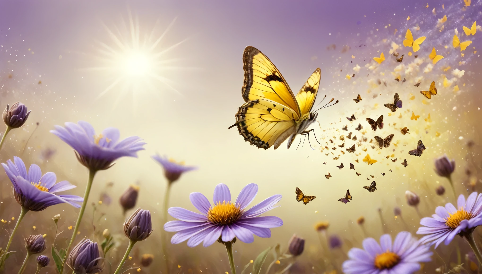 a yellow butterfly sitting on top of a purple flower, butterflies floating in the sky, sunbeams, on a canva, by Gregory Gillespie, background full of brown flowers, of letting go, gardening, cheerful colours, swirling gardens, gentle mists