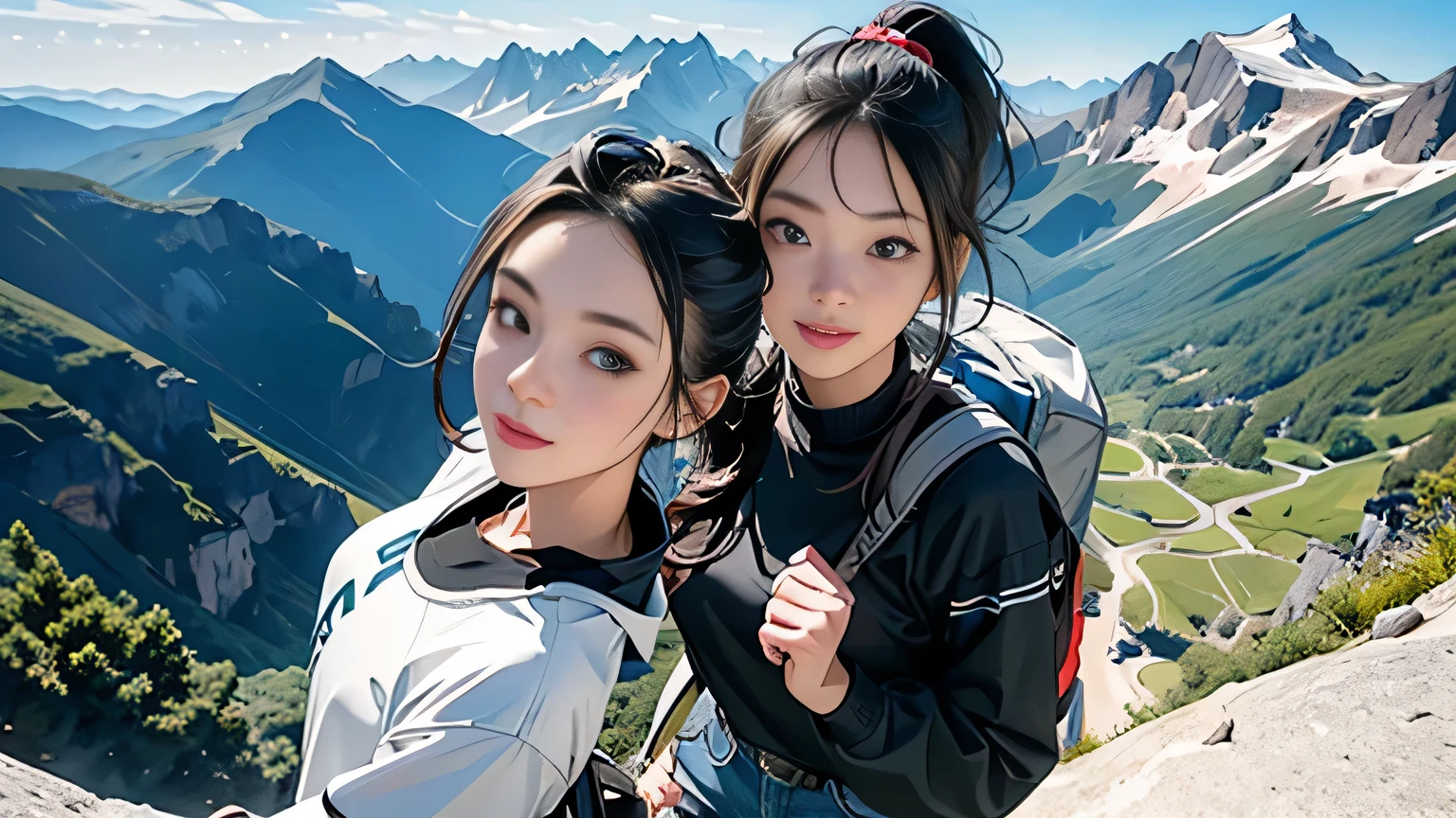 (masterpiece, top quality, 8k wallpaper, high resolution, ultra-realistic), two girls, two people, full body composition from a far, slender figure: 1.1, Japanese, very delicate and beautiful woman, cute face, beautiful face, beautiful eyes, detailed face, detailed face, detailed eyes, detailed nose, mouth details, one with short hair and the other with a ponytail, dark eyes, large carrying a backpack, backpacker, mountaineer, view from the top of the mountain, detailed feet, detailed fingers, outerwear with mountain jacket, T-shirt, trekking, smiling, selfie, fisheye lens