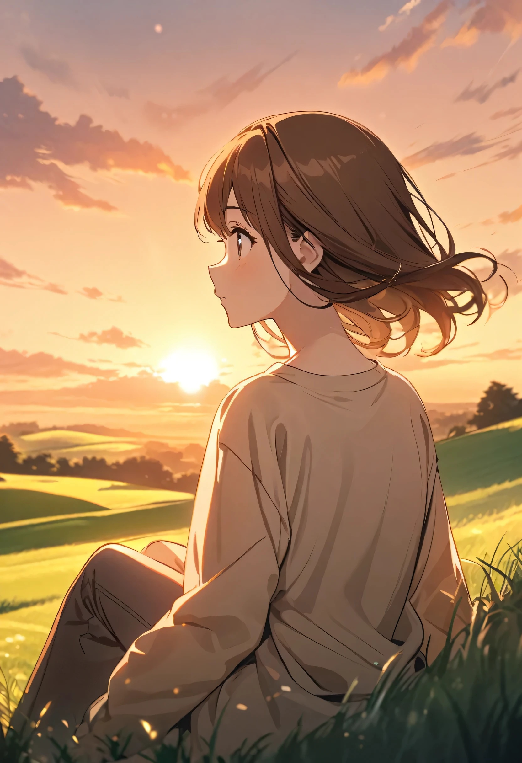 A girl with chestnut brown hair wearing a pastel beige shirt and pants, sitting upon a green hill watching the beautiful sunrise