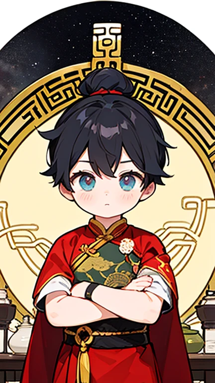 Three Kingdoms、Boy in ancient Chinese costume、Intelligent boy、Looking into the camera、There is a topknot on the head.、Hanfu、Black Hair、Standing and posing with arms crossed
