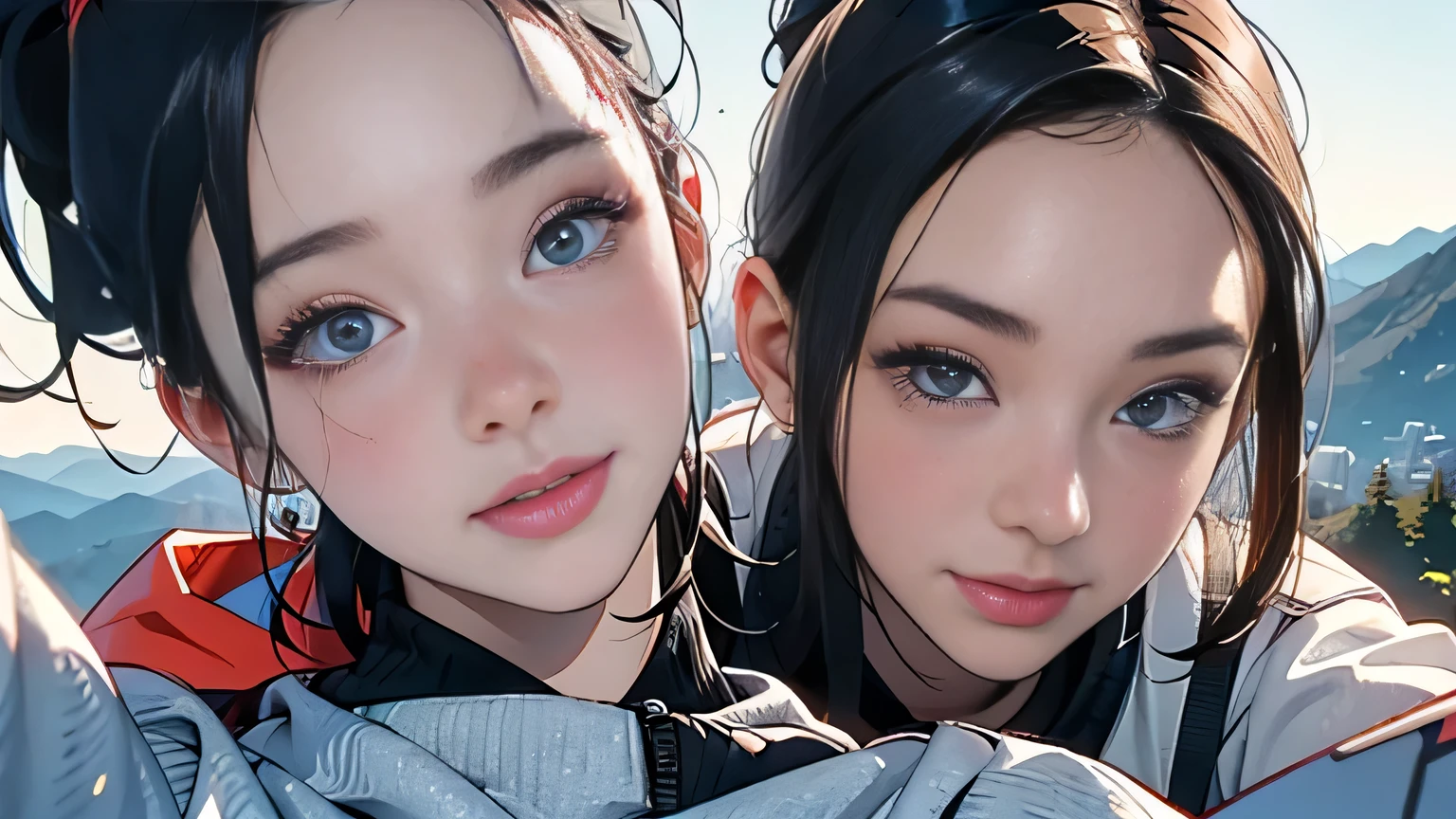(masterpiece, top quality, 8k wallpaper, high resolution, ultra-realistic), two girls, two people, full body composition from a far, slender figure: 1.1, Japanese, very delicate and beautiful woman, cute face, beautiful face, beautiful eyes, detailed face, detailed face, detailed eyes, detailed nose, mouth details, one with short hair and the other with a ponytail, dark eyes, large carrying a backpack, backpacker, mountaineer, view from the top of the mountain, detailed feet, detailed fingers, outerwear with mountain jacket, T-shirt, trekking, smiling, selfie, fisheye lens