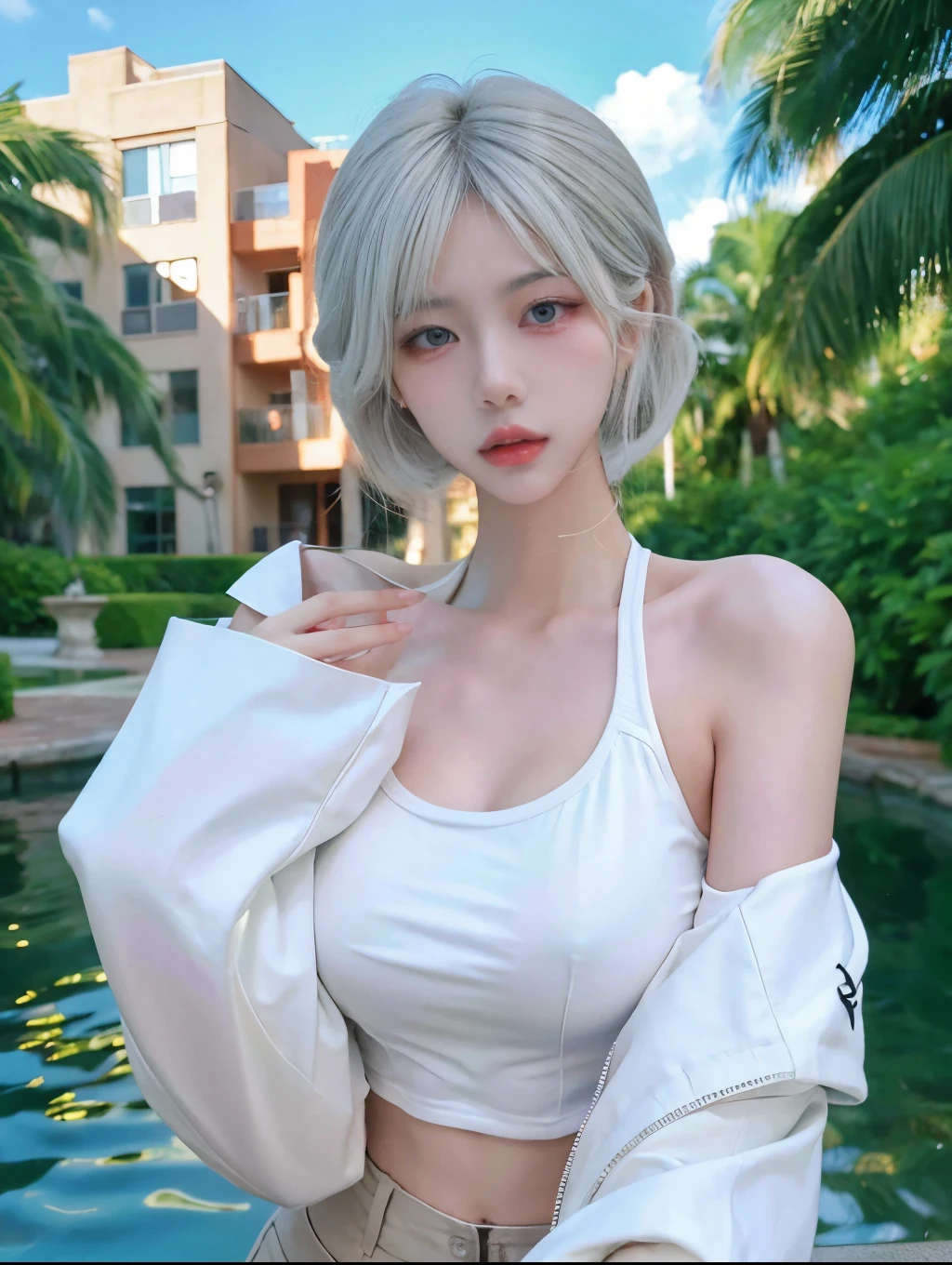 Beautiful woman with perfect body：1.4，layered hairstyle，prominent cleavage，bikini：1.5，ultra short pleated skirt，whole body，Highly detailed facial and skin textures，double eyelids，whiten skin，long white hair