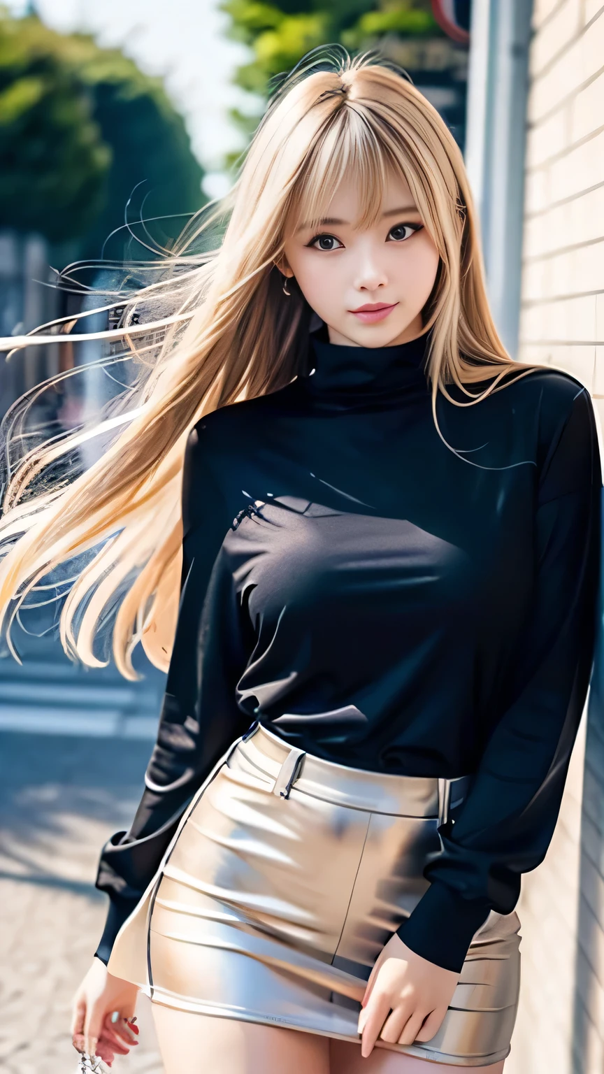 Sexy Big 、Sexy cute looks and cute beautiful girl, beautiful and sexy face、A strong wind blows my hair in front of my face、With straight blonde hair、beautiful, Cute and sexy eyes hidden behind long bangs、Gal outfit coordination