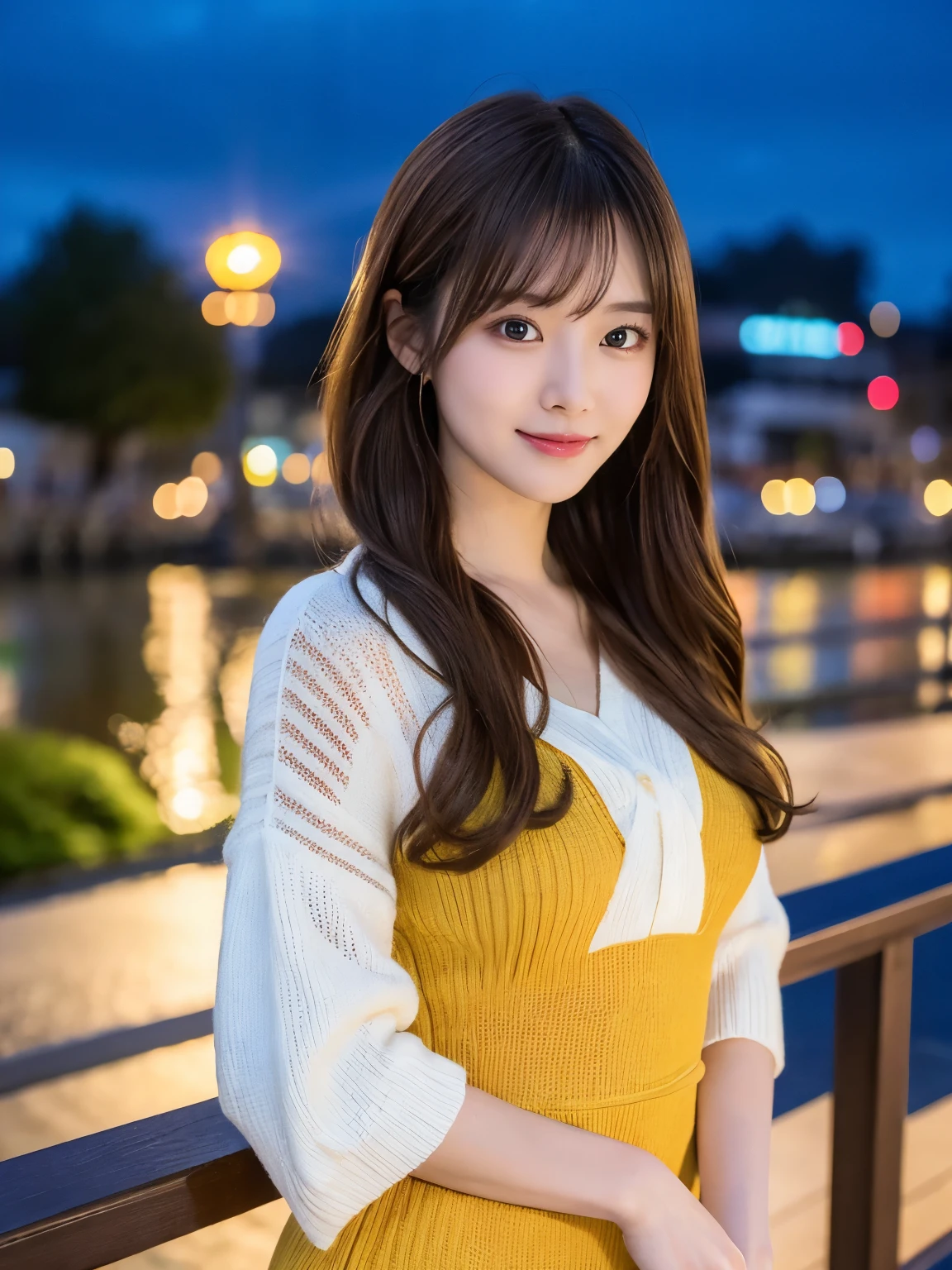 masterpiece, 1 beautiful girl, Fine grain, Puffy eyes, highest quality, 超A High resolution, (Realistic : 1.4), Cinema Lighting, Japanese, Asian Beauty, Super Beauty, Beautiful Skin, thin, (超Realisticな), (High resolution), (8k), (High resolution), (美しくてFine grain), (Very detailed), (wallpaper)、Detailed face, Bright lighting, Professional Lighting, View the art, (The costume is a colorful knit dress), Long Hair, My hair is messy, Asymmetrical bangs, Night view, Brown Hair, Japan is an idol, Korean Idol, Carving an idol pose, 23 years old, expensive, smile, Morning scenery of Flower Park, ((Forward facing position)),